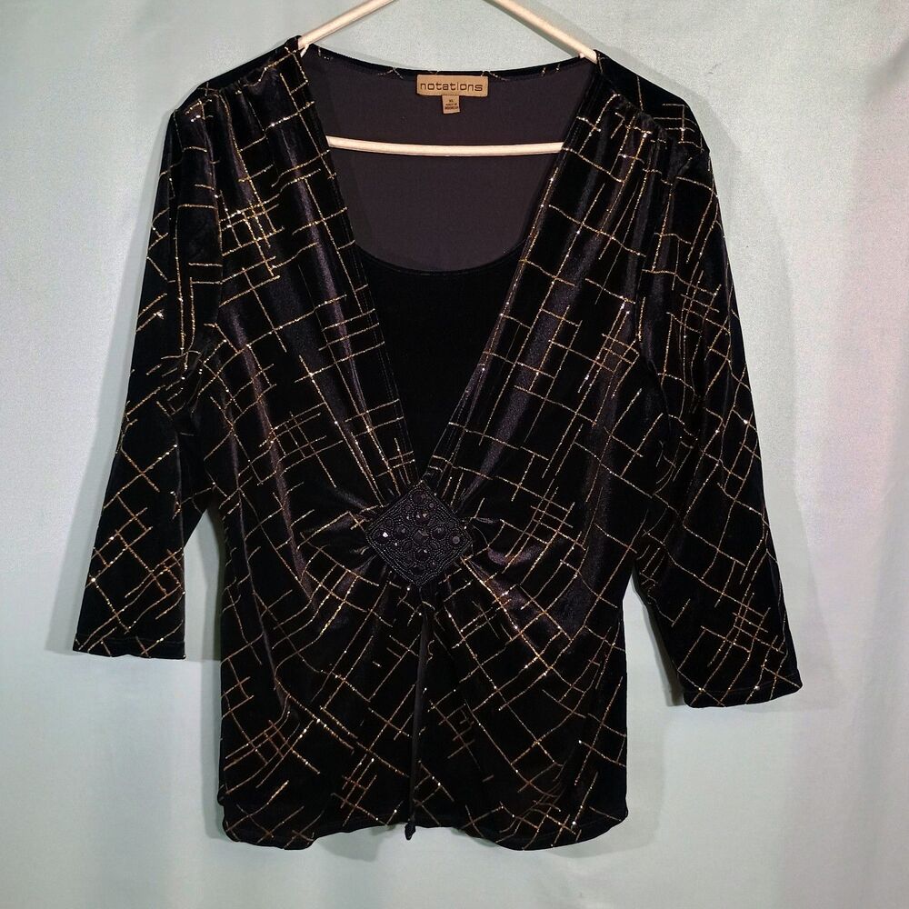 Notations Women’s Black Gold Metallic Velvet Top – 3/4 Sleeve Embellished Blouse
